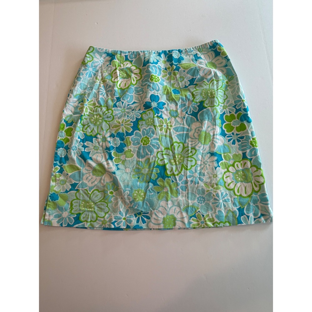 Dressbarn Floral A-Line Skirt Womens 8 Blue Green Cotton Stretch Mini Skirt